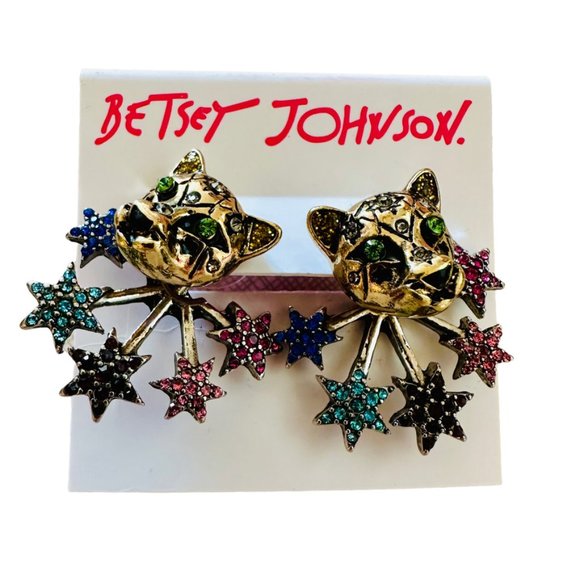 Cool Betsey Johnson kittens earrings with starburst sprays gold-tone NWT - Picture 2 of 4